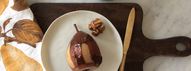 pear chocolate sauce salted caramel nuts pear thornback and peel napkin